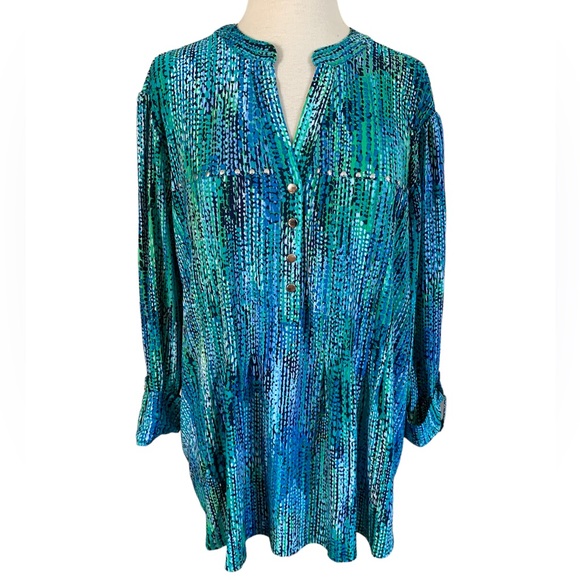 Tops 2x Plus Size Green Blue 34 Sleeve Womens Pintuck